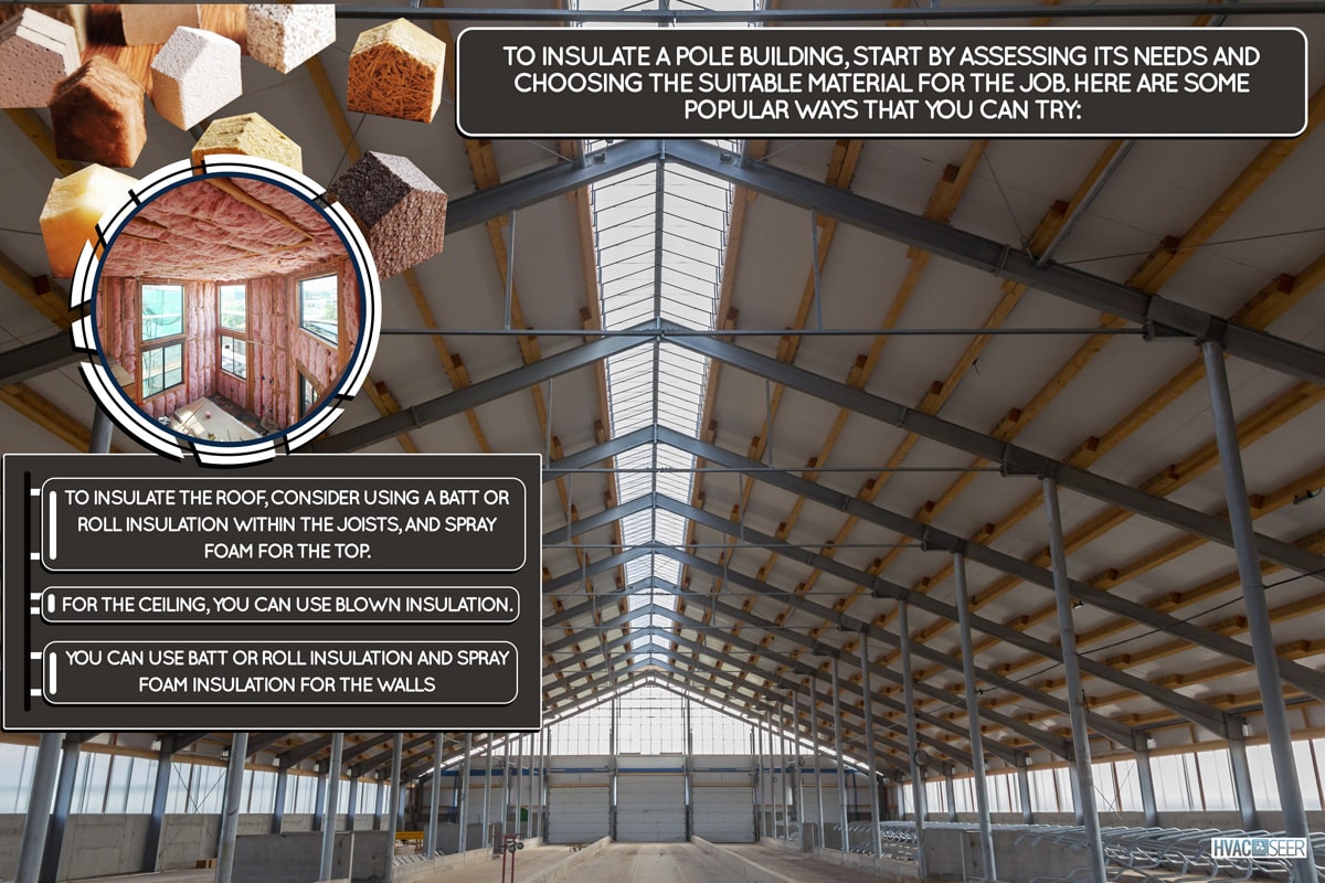 Building frame composition. Steel frame of the building with timber joists and sandwich panels on the roof. Modern construction of industrial buildings. Hangar construction, How To Insulate A Pole Building [Inc. Roof, Ceiling, And Walls]