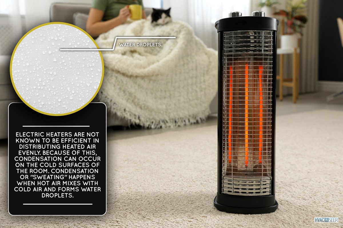 Woman with cat at home, focus on electric halogen heater, closeup, Do Electric Heaters Cause Condensation?