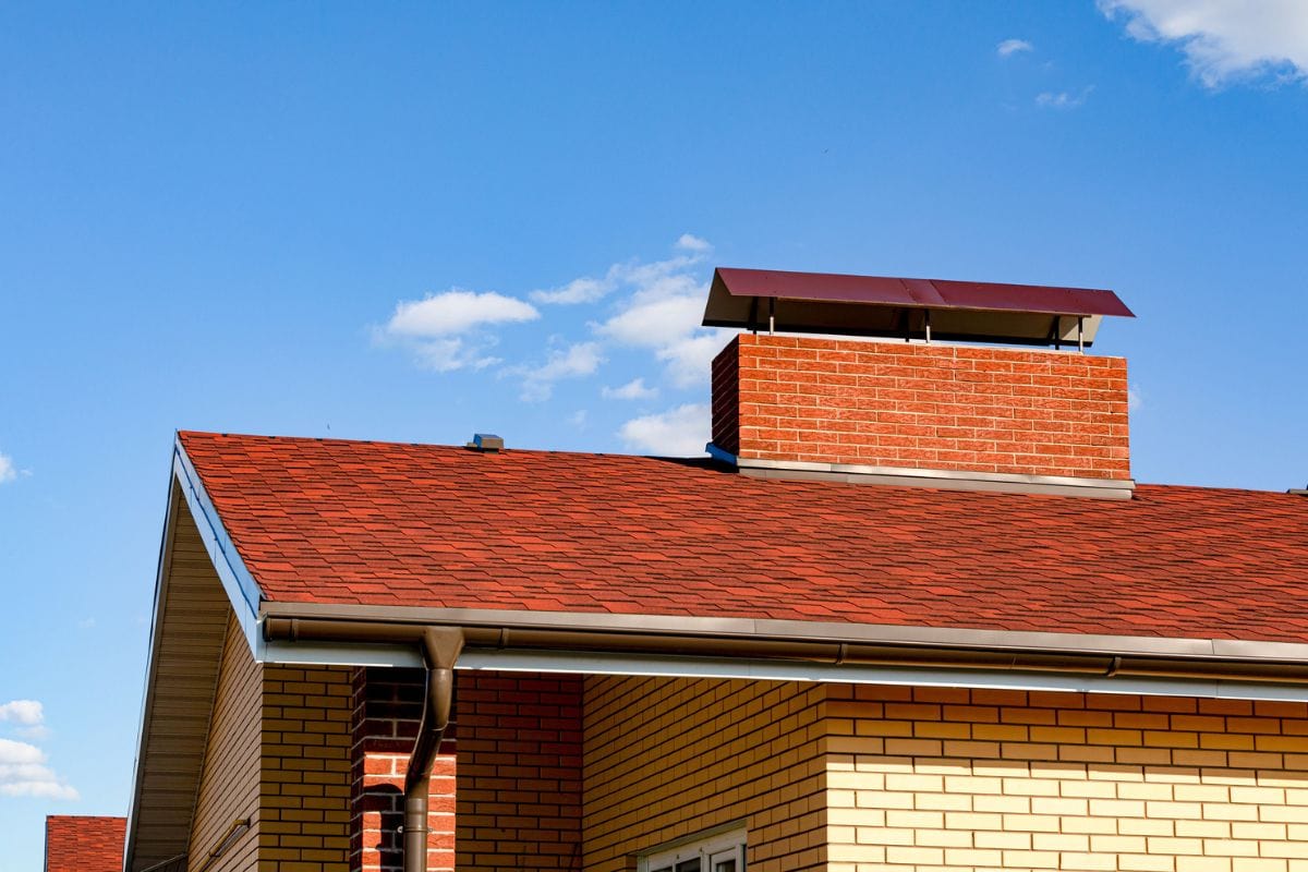 A cottage roof with slopes, tides, and a chimney against a blue sky. Brown roof of bituminous tiles for design on the theme of roofing, construction, architecture. Flexible single. Copy space