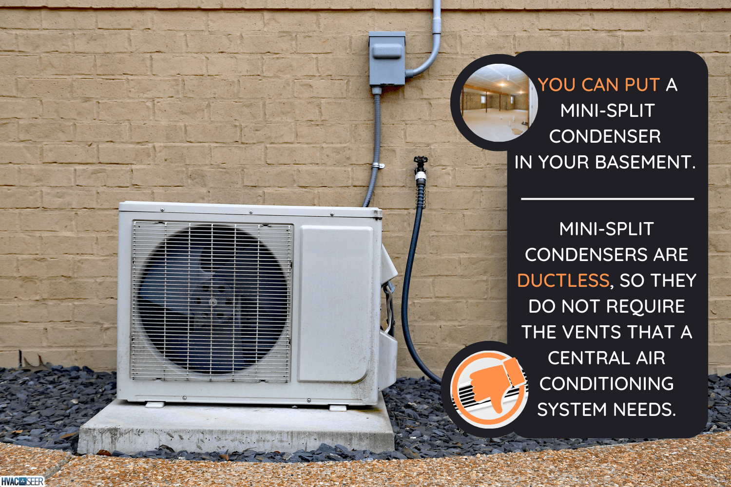 Air Conditioner mini split system next to home with painted brick wall - Can You Put A Mini Split Condenser In The Basement [Yes! Here's What You Should Know!