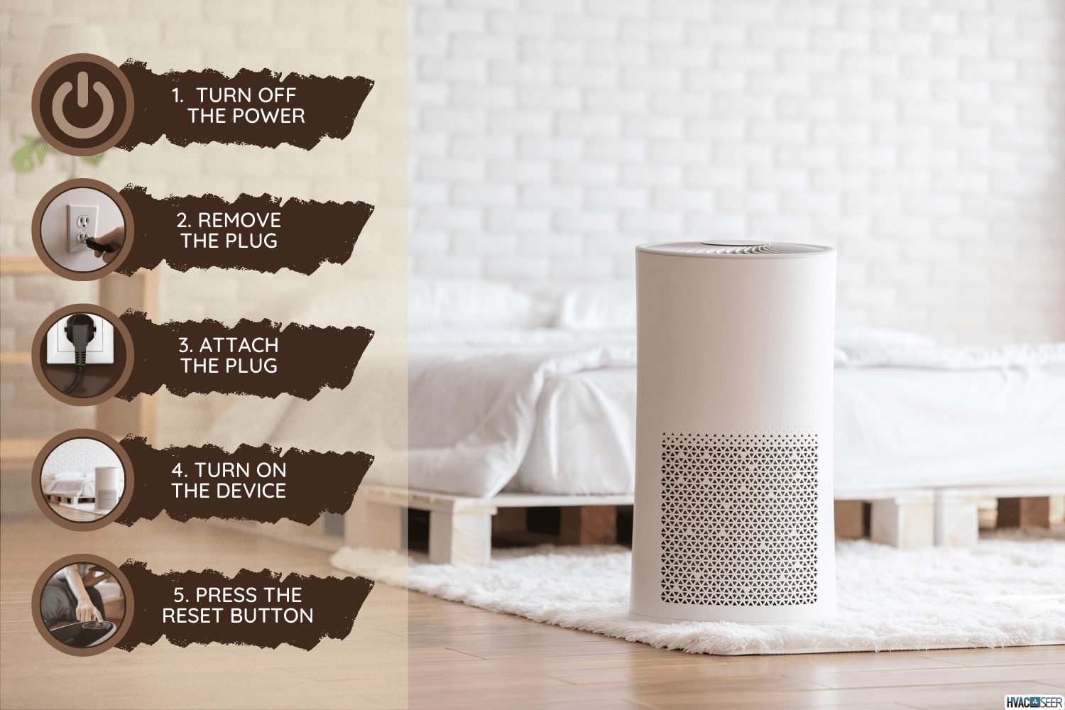 Air purifier in cozy white bedroom for filter and cleaning removing dust PM2.5 HEPA and virus in home,for fresh air and healthy Wellness life.Health care Air Pollution Concept - How To Reset Bissell Air Purifier [Quickly & Easily]