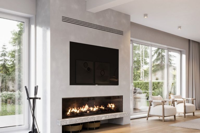 Digitally generated image of a living room. Fireplace in modern design living room with large glass doors to the garden. - How To Remove Glass From An Electric Fireplace [Step By Step Guide]