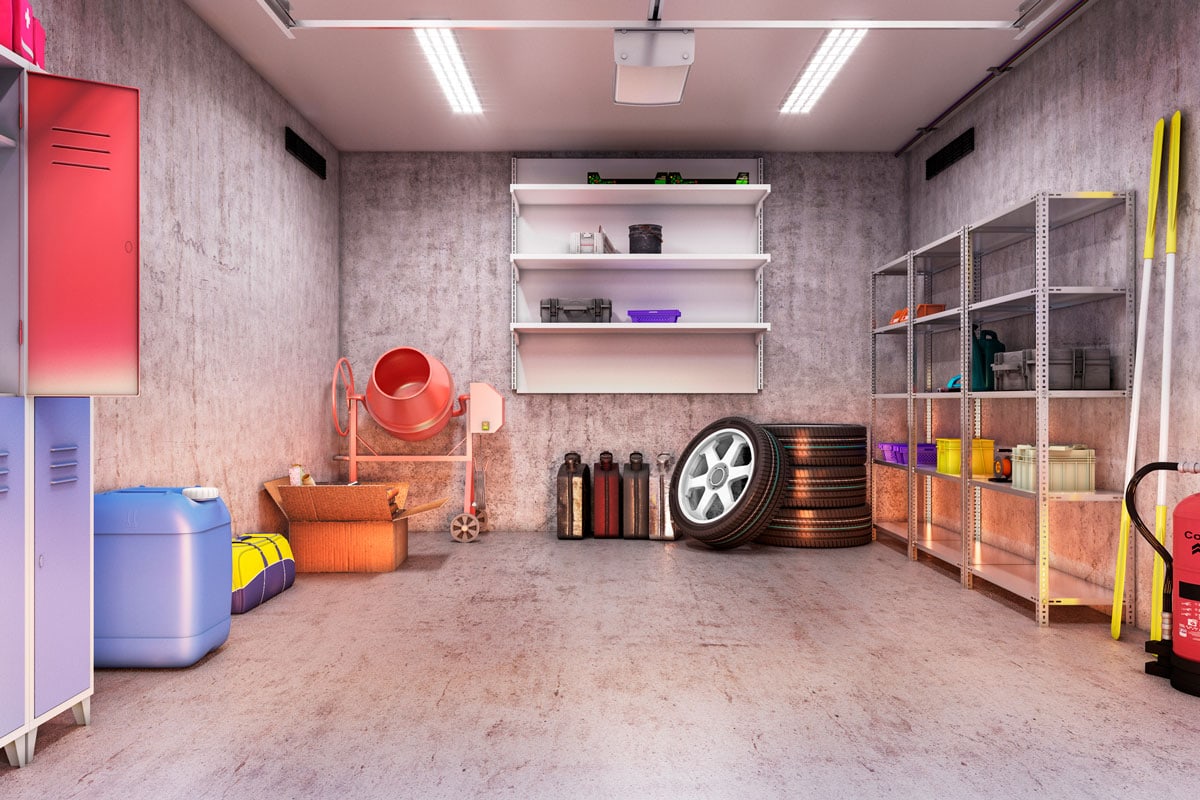 Garage interior with shelves in the corner