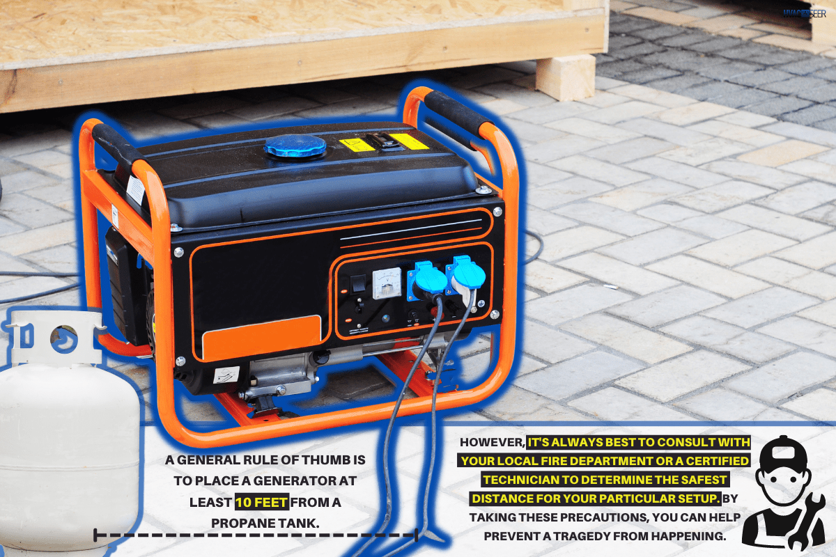 Gasoline Portable Generator on the House Construction Site. Close up on Mobile Backup Generator .Standby Generator - Outdoor Power Equipment. - How Close Can A Generator Be To A Propane Tank?