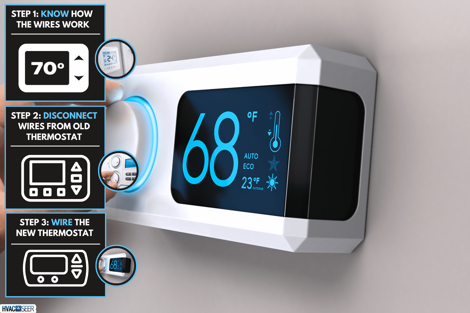 Hand turning a home thermostat knob to set temperature on energy saving mode. fahrenheit units. Composite image between a photography and a 3D background. - Carrier Heat Pump Thermostat Wiring - How To Guide