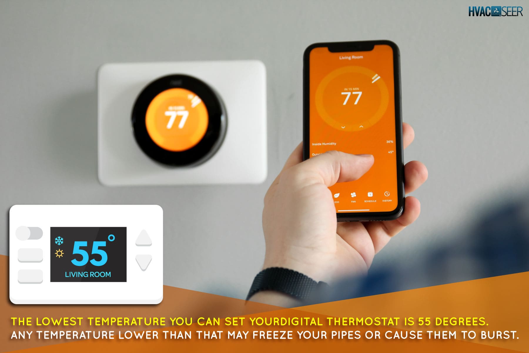 Man uses a mobile phone with smart home app in modern living room, How Low Can You Set A Digital Thermostat?