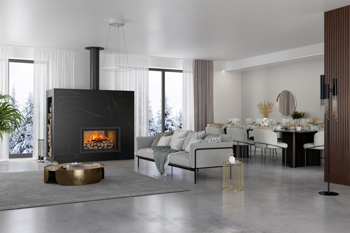 Luxury Living Room Interior With Fireplace, Dining Table And Snow View From The Window