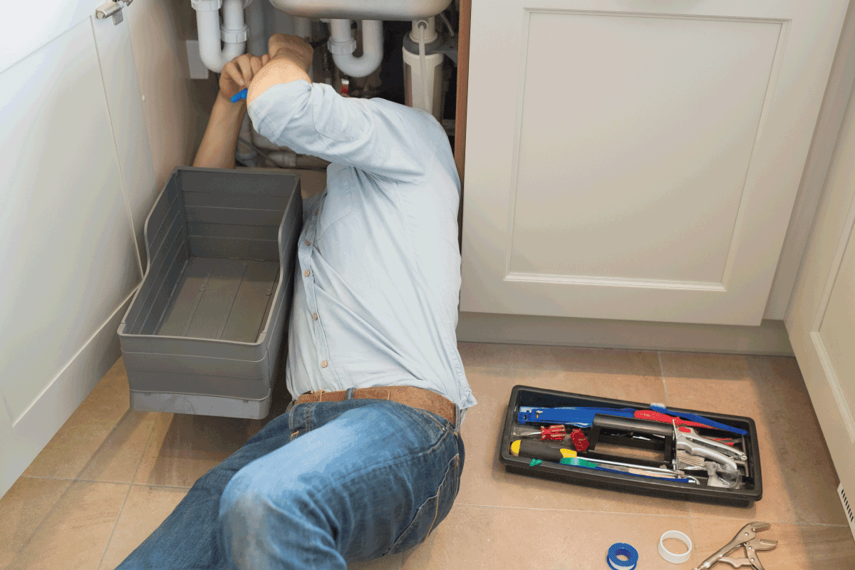 Man fixing plumbing in kitchen