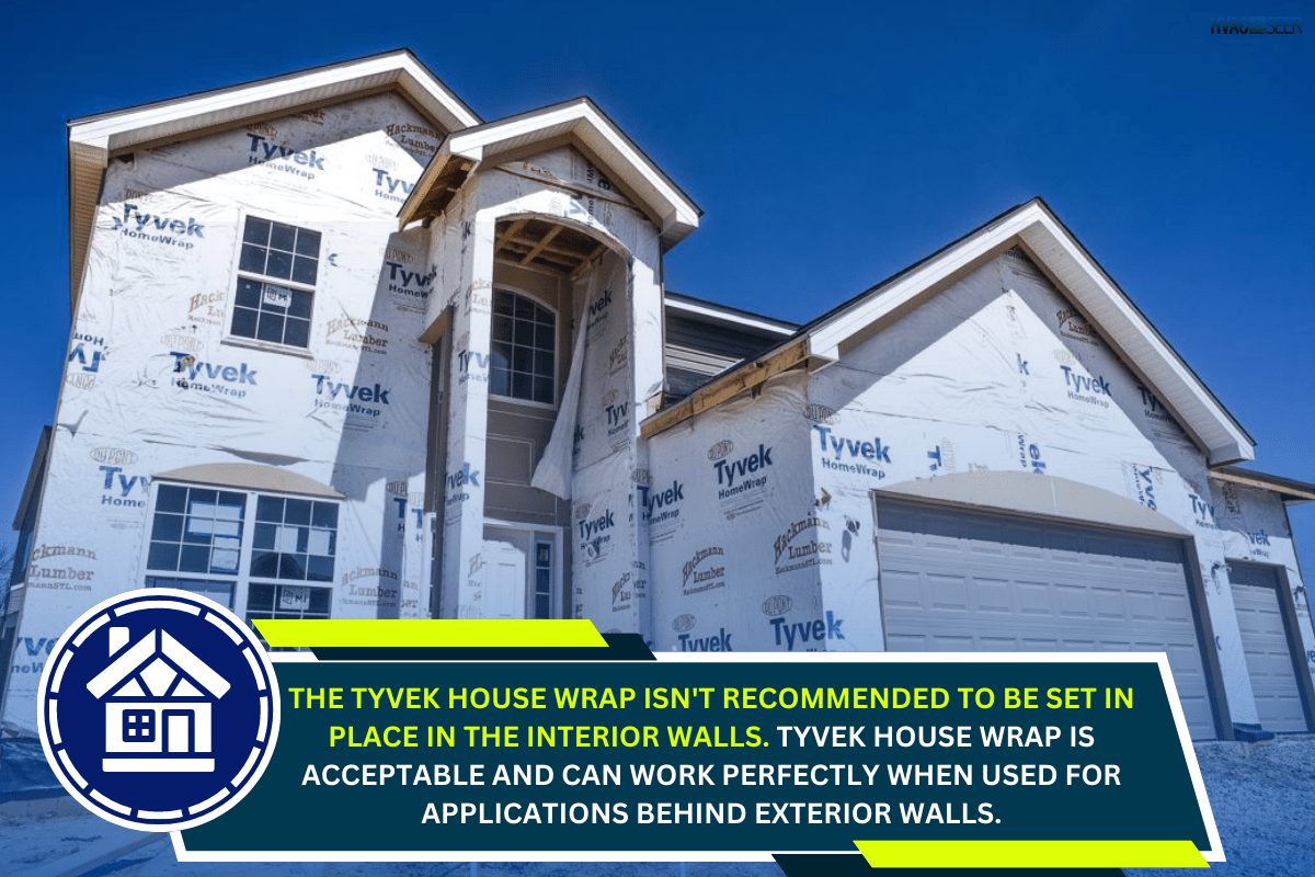 -New home partially finished, under construction in residential housing subdivision with for sale sign in yard, wrapped in tyvek. - Can Tyvek House Wrap Be Used On Interior Walls?