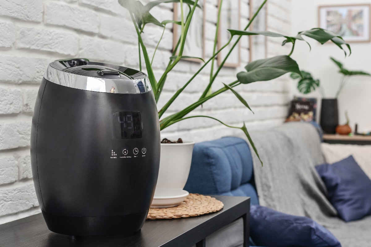 Ultrasonic cool mist humidifier for home on a small table in living room