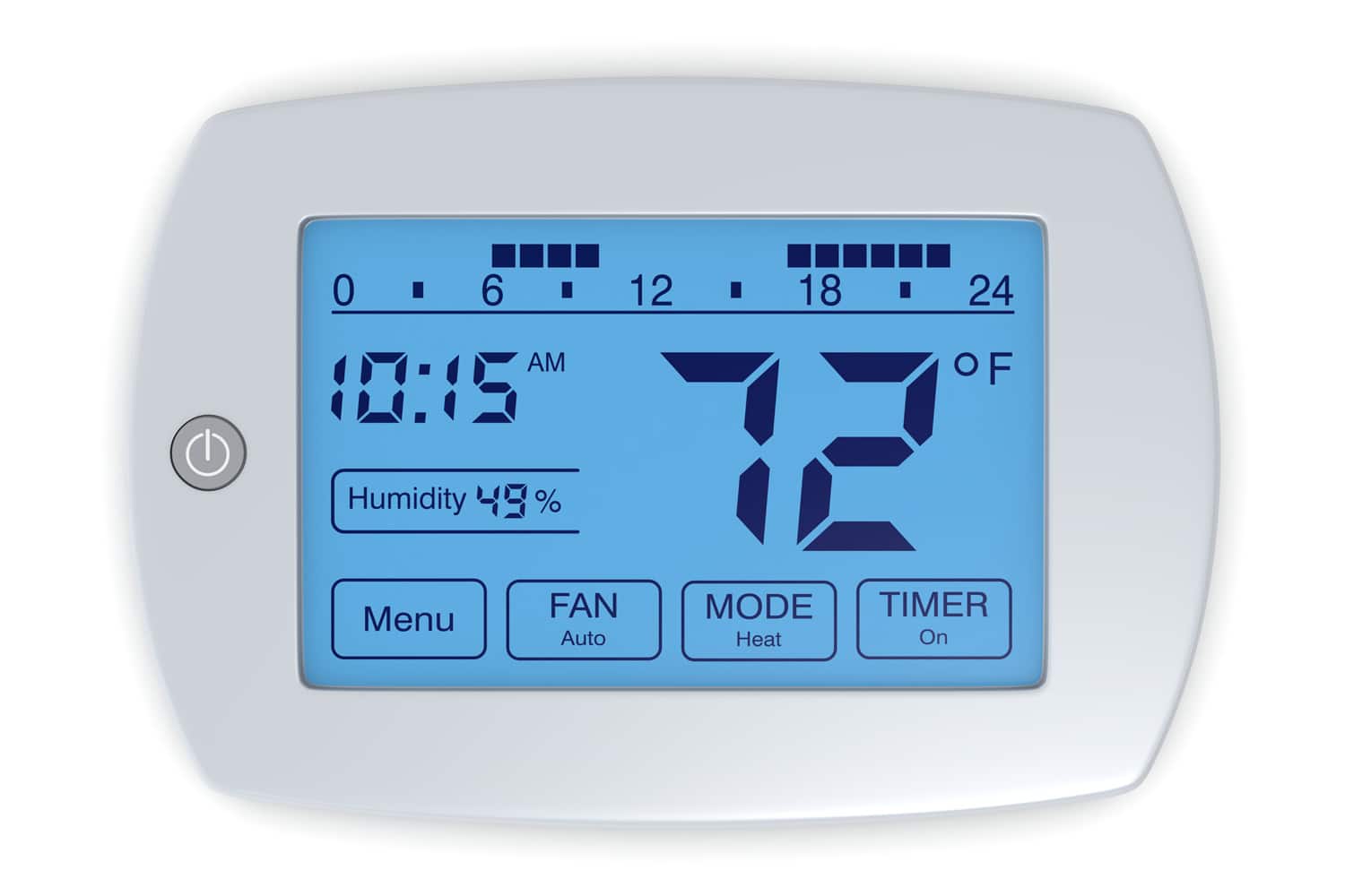Closeup of a digital, programmable thermostat