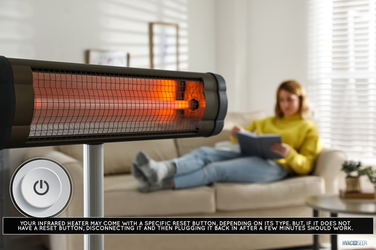 Woman reading book in living room, focus on electric infrared heater, How Do You Reset An Infrared Heater [Step By Step Guide]