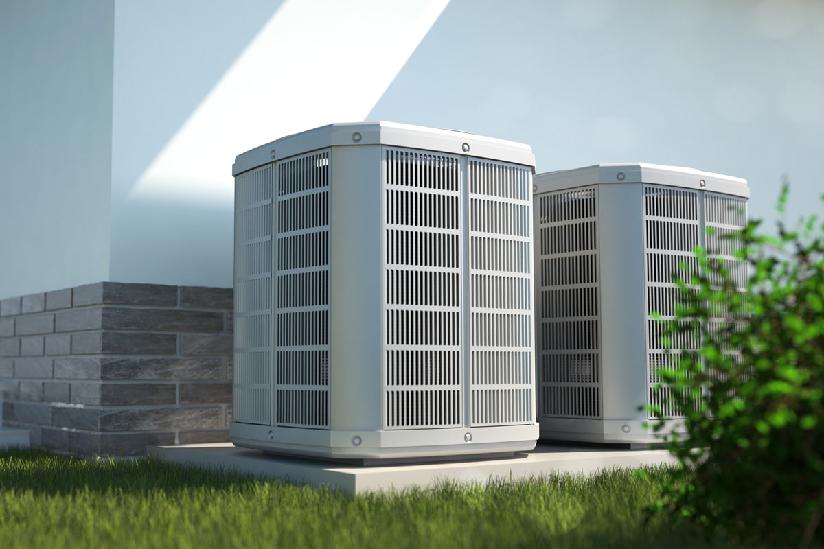 Air heat pumps beside house, 3D illustration 