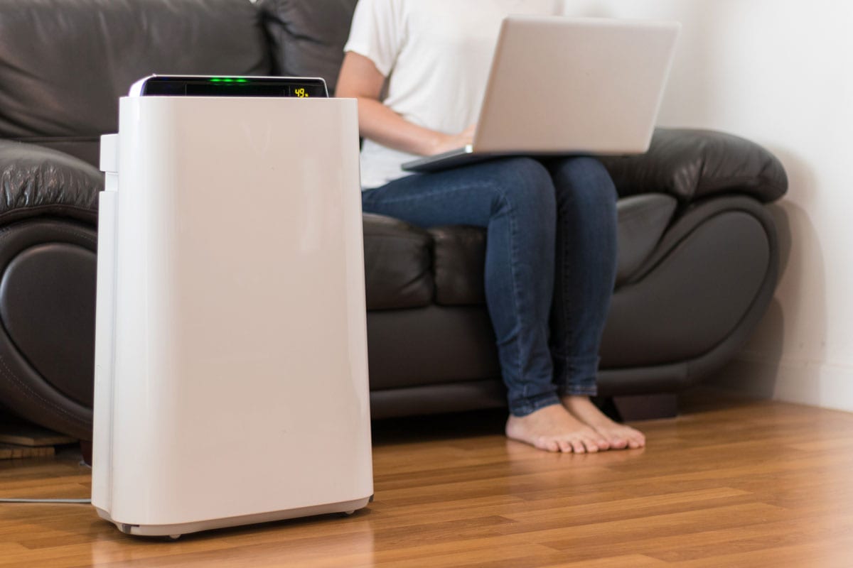 Woman working in living room with air purifier