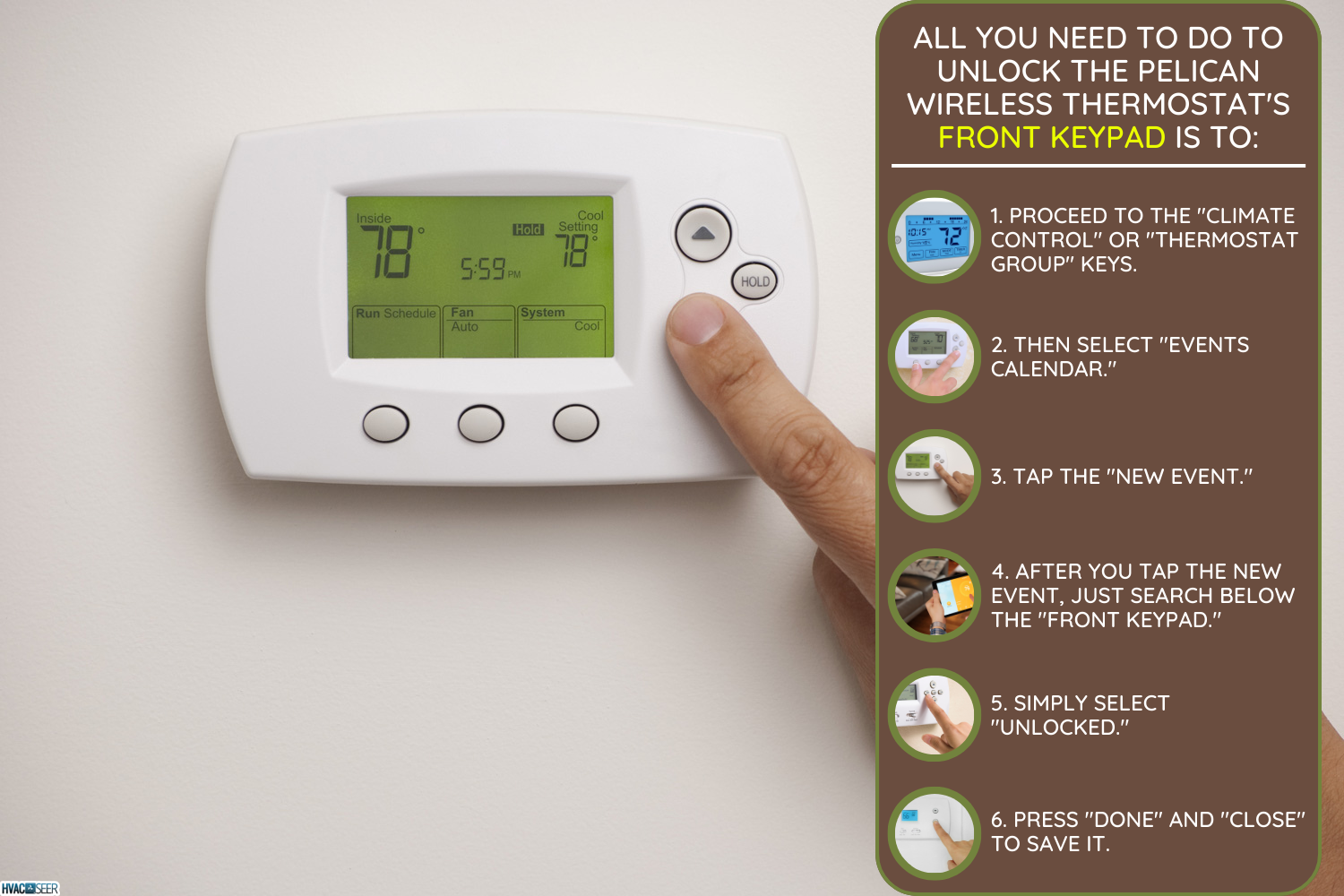 Digital Thermostat with a male hand, set to 78 degrees Fahrenheit. Saved with clipping path for thermostat and hand combined - How To Unlock Pelican Wireless Thermostat [Quickly & Easily]