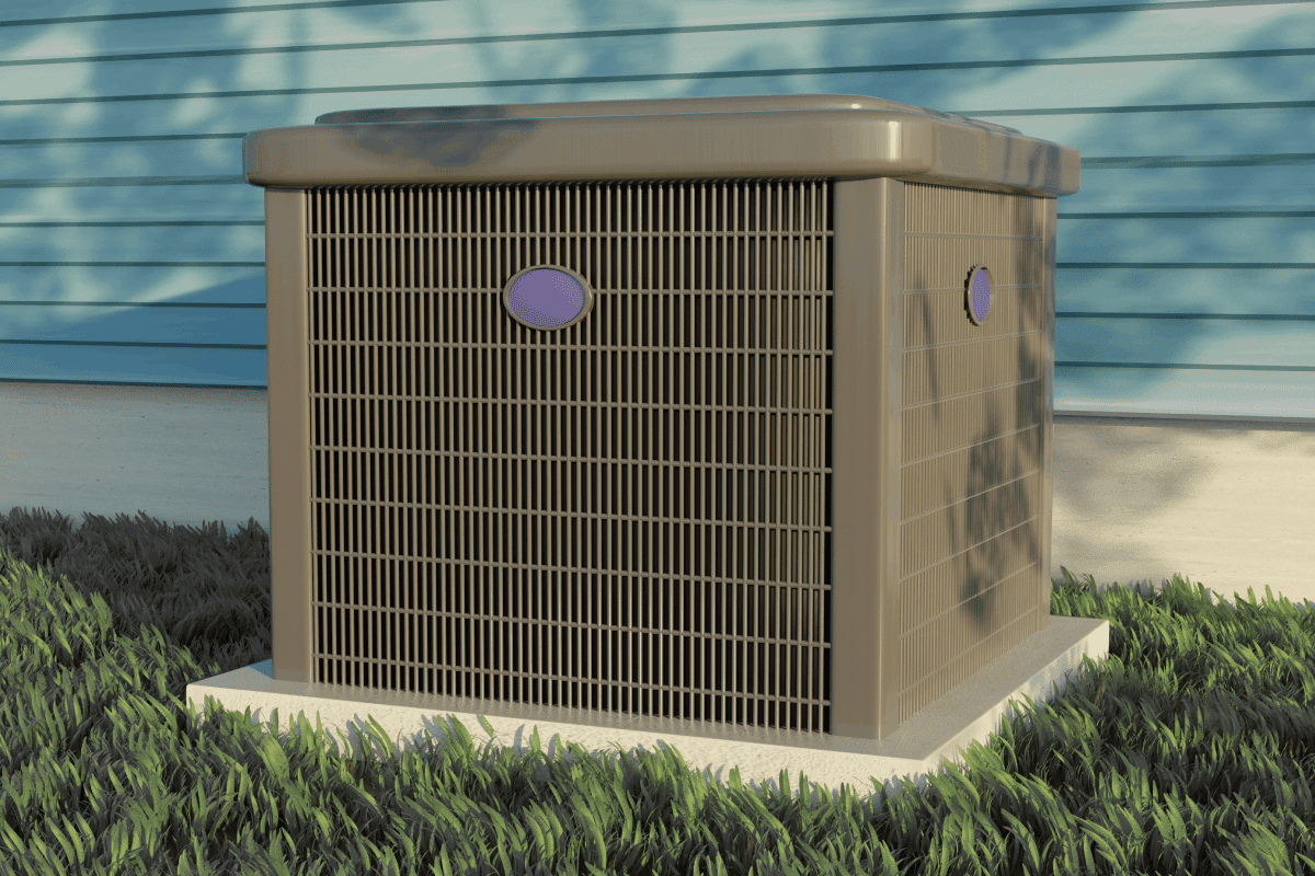 Gray HVAC unit with blue emblem in the backyard 