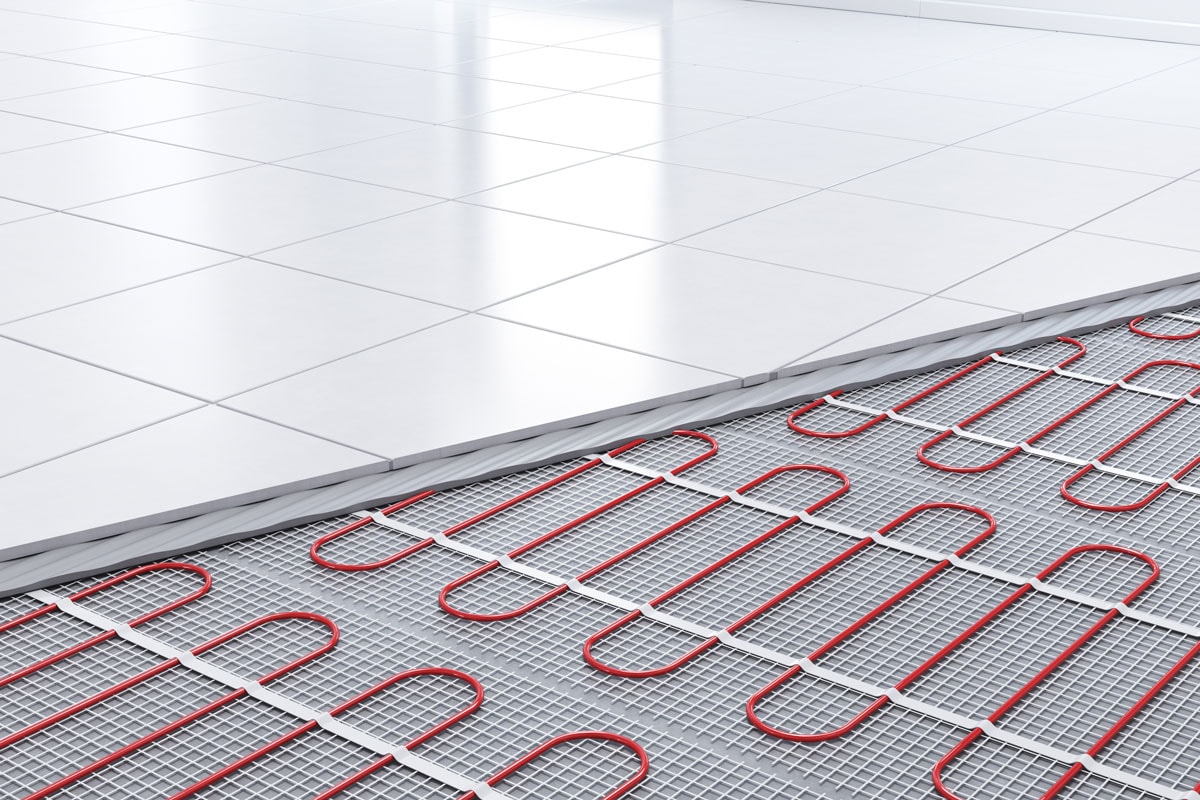 Heating concept, underfloor heating. 3d rendering of Heat floor layers cutaway