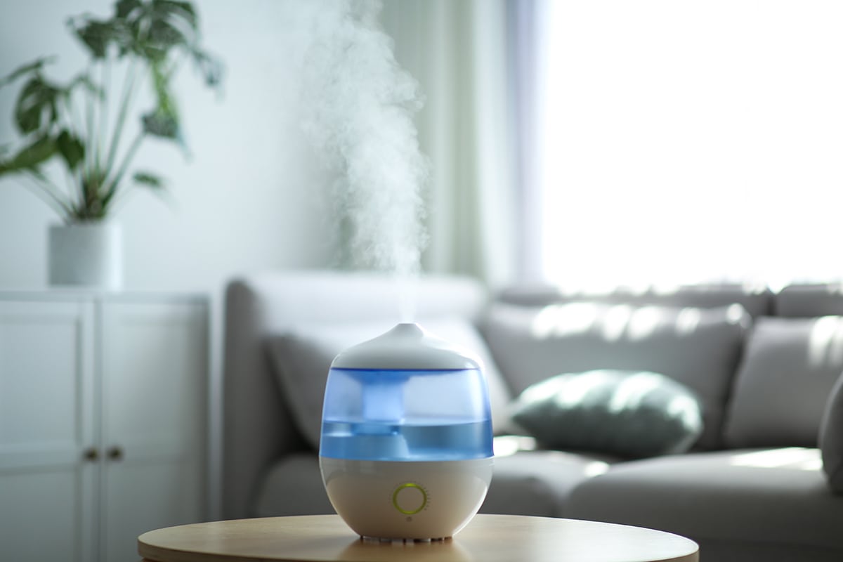 Modern air humidifier on table in living room
