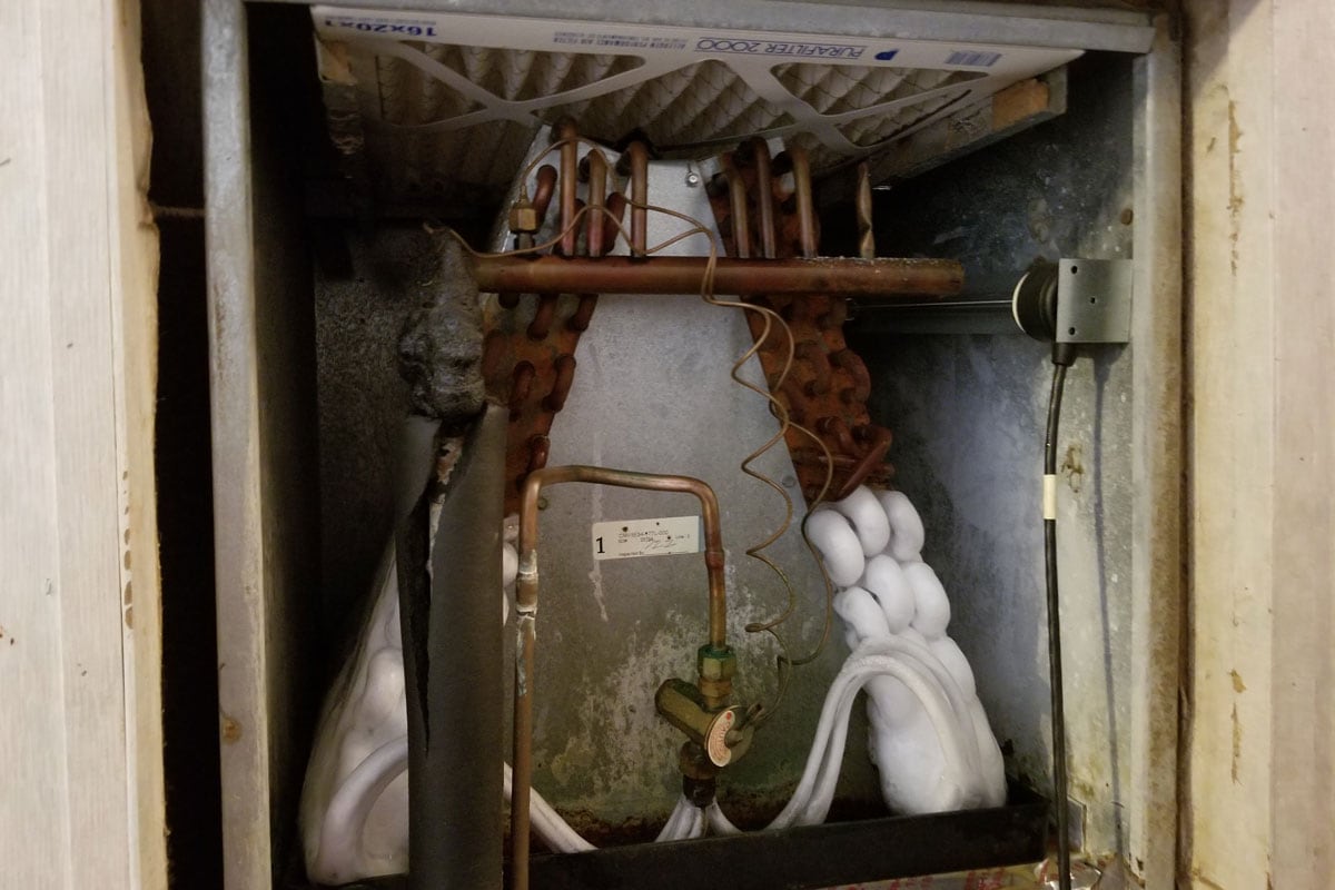 Open hvac with clogged evaporator coil coil