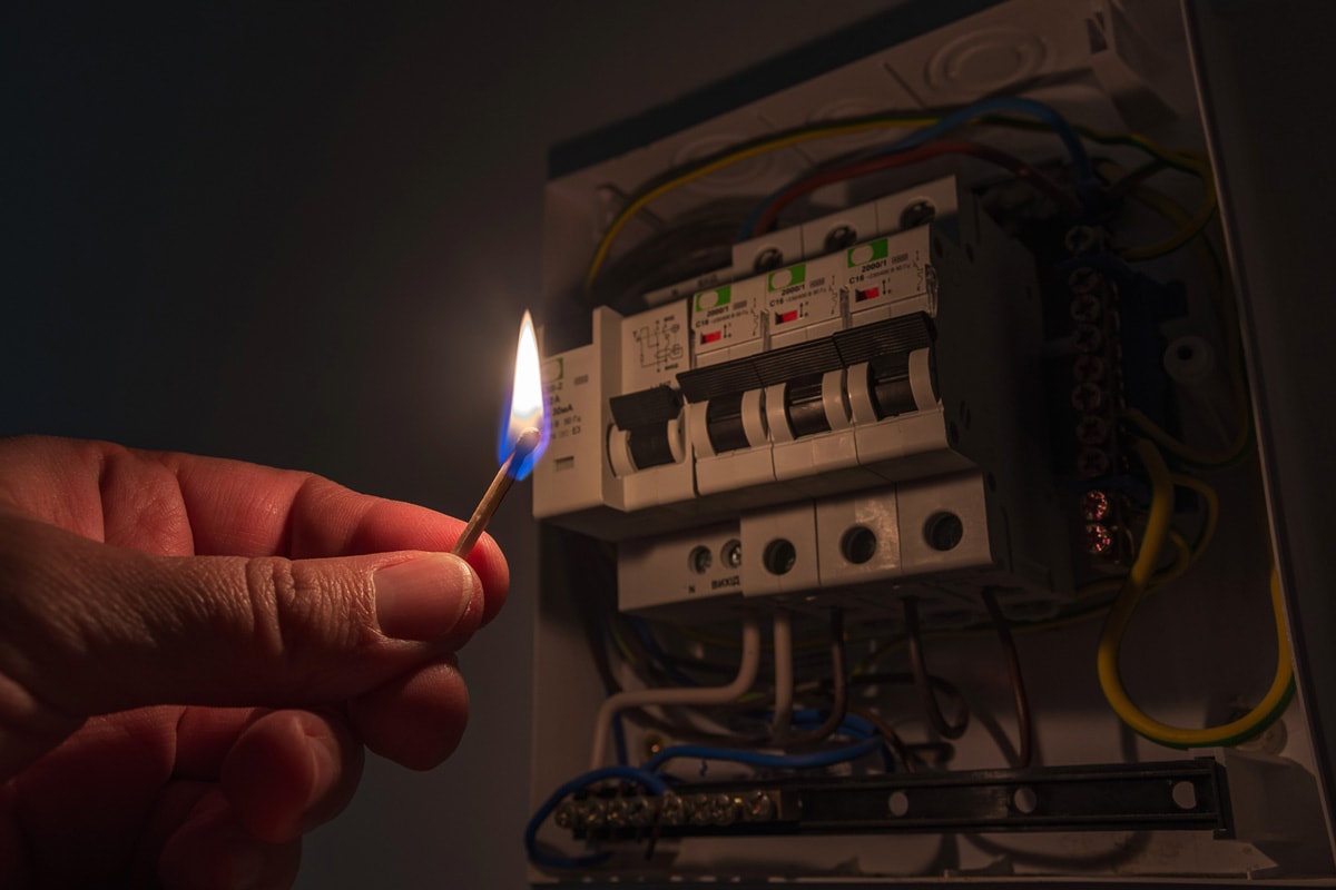  Person's hand in complete darkness holding a burning match to investigate a home fuse box during a power outage.