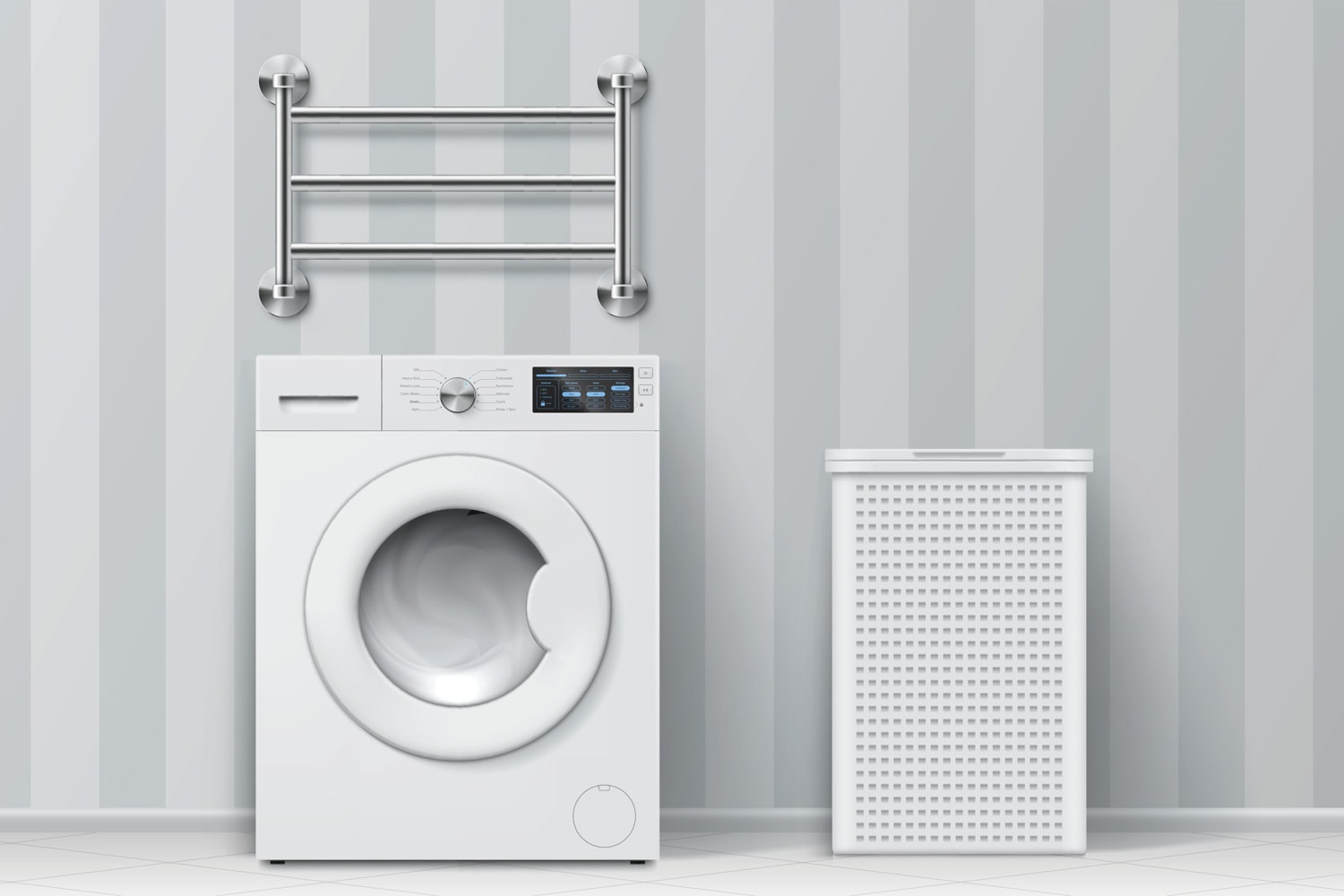 Contemporary electric household appliance for clothes cleaning at bathroom interior