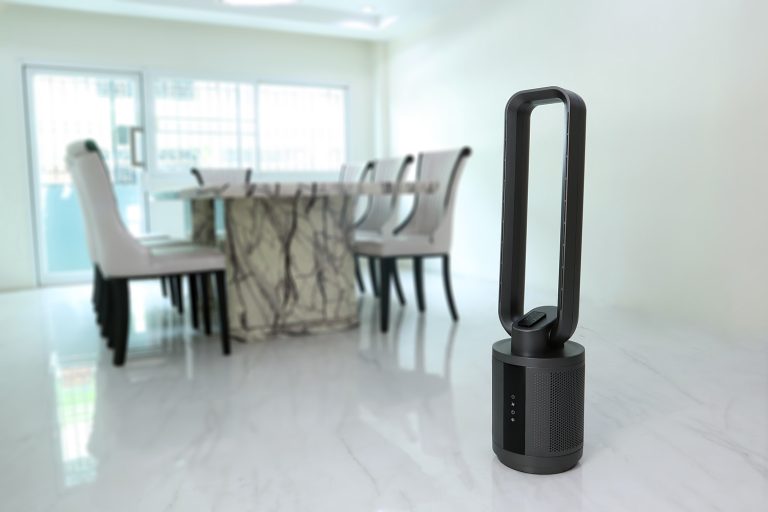modern design black color bladeless purifying tower fan is on the floor of the dinning room to create fresh cool air ambient in the summer, How To Clean A Dyson Hot And Cool Fan