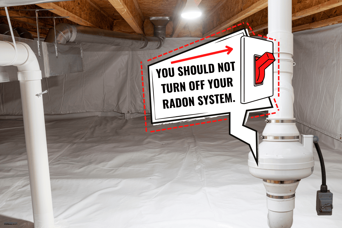 Crawl space fully encapsulated with thermoregulatory blankets and dimple board. Radon mitigation system pipes visible. Basement location for energy saving home improvement. - Can I Turn Off A Radon System?