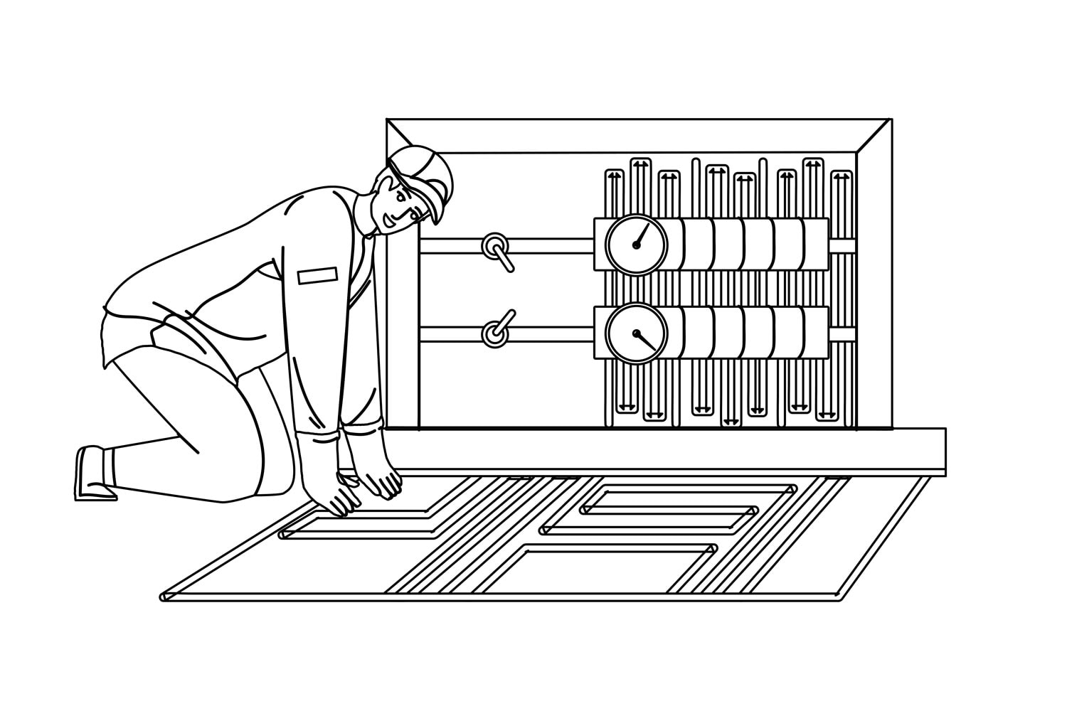 Floor Heating System Installing Handyman Black Line Pencil Drawing Vector. Floor Heating Equipment Installation Underfloor Man Builder. Character Man Worker Install Thermal Pipeline Illustration 