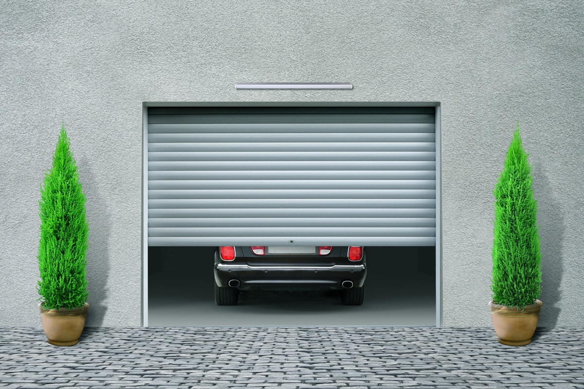 Garage doors are opened, and behind them is a car. 3d illustration.