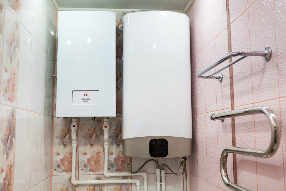 Local domestic heating system installed in bathroom, middle capacity boiler, wall mounted