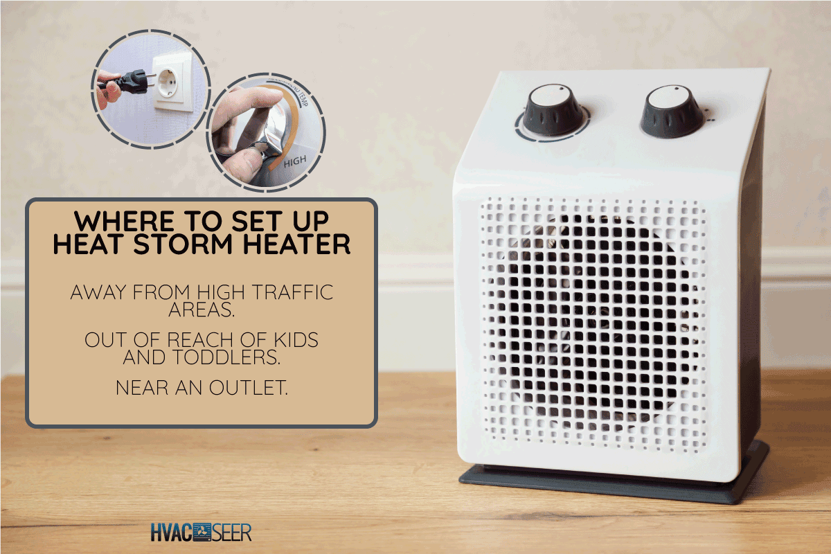 White domestic electric heater on floor indoor. Where to set up storm heater. How To Use A Heat Storm Heater
