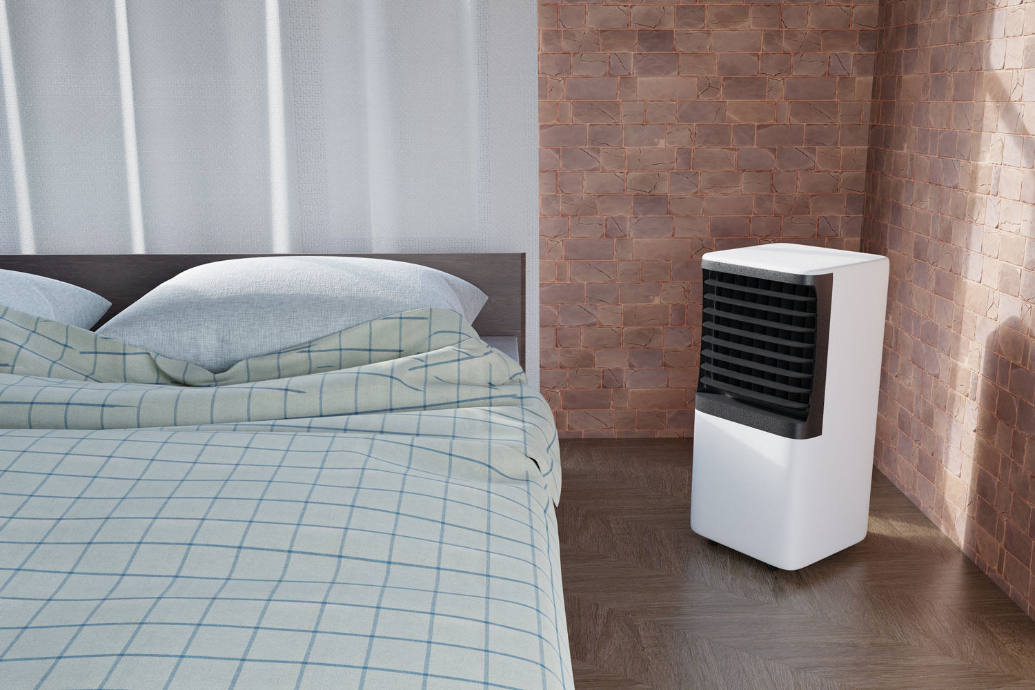 white portable air conditioner in the room next to the bed