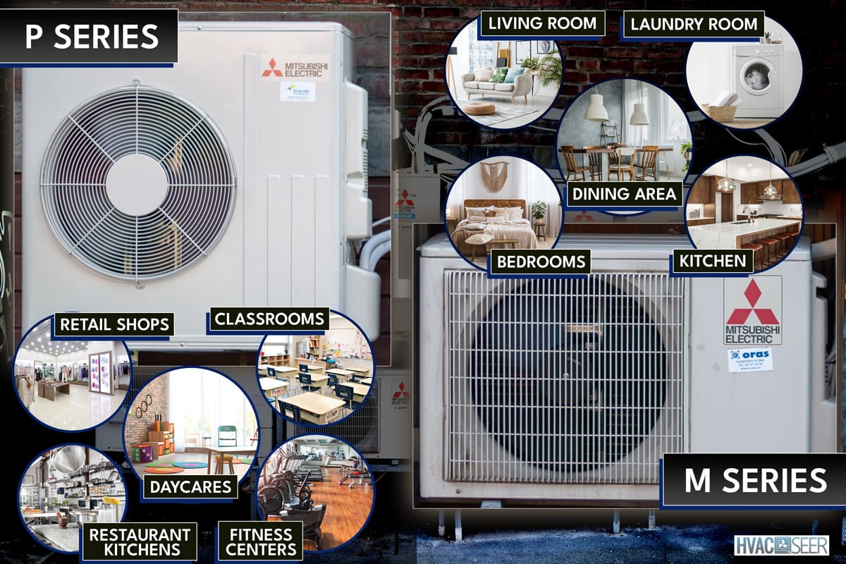 Mitsubishi Electric air conditioners on a building wall., Mitsubishi P Series Vs. M Series: Which HVAC System To Choose?