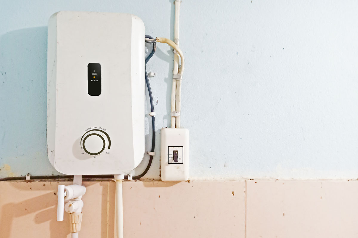 A tankless water heater installing in a bathroom