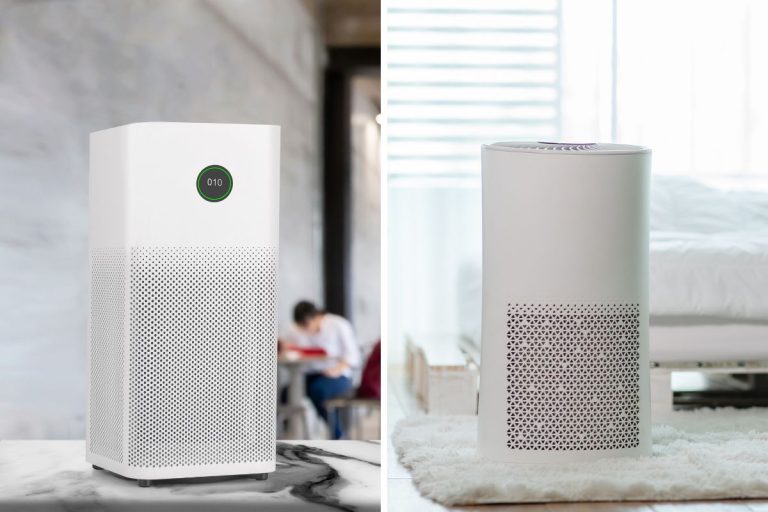 Air purifier in white workplace room with filter for cleaner removing fine dust PM2.5. - Air purifier in cozy white bedroom for filter and cleaning removing dust PM2.5 HEPA in home,for fresh air and healthy life,Air Pollution Concept- Shark Air Purifier Vs Levoit: Which To Choose?
