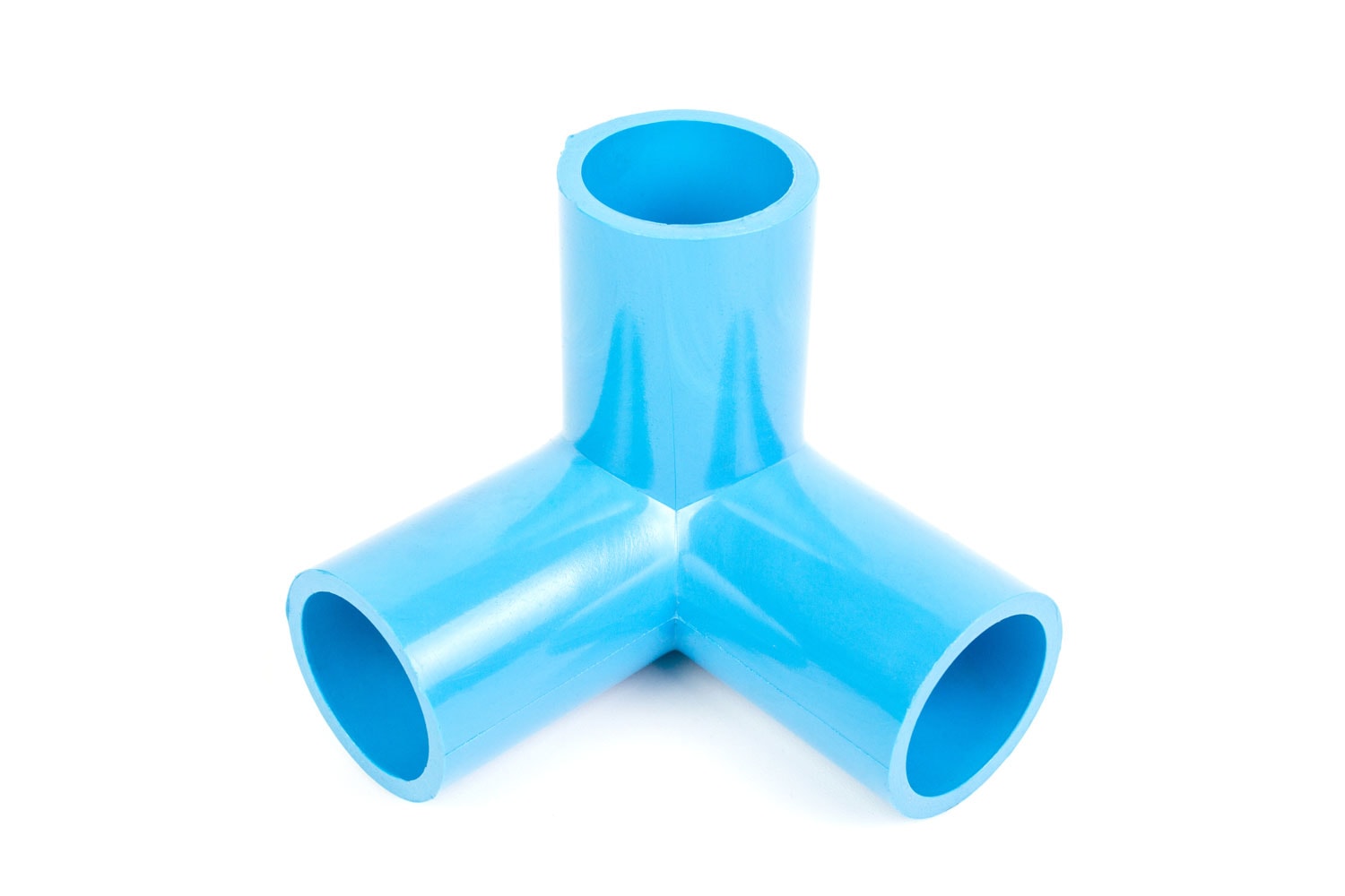 Blue PVC Pipe fittings connector three way elbow right angle isolated on white background. 