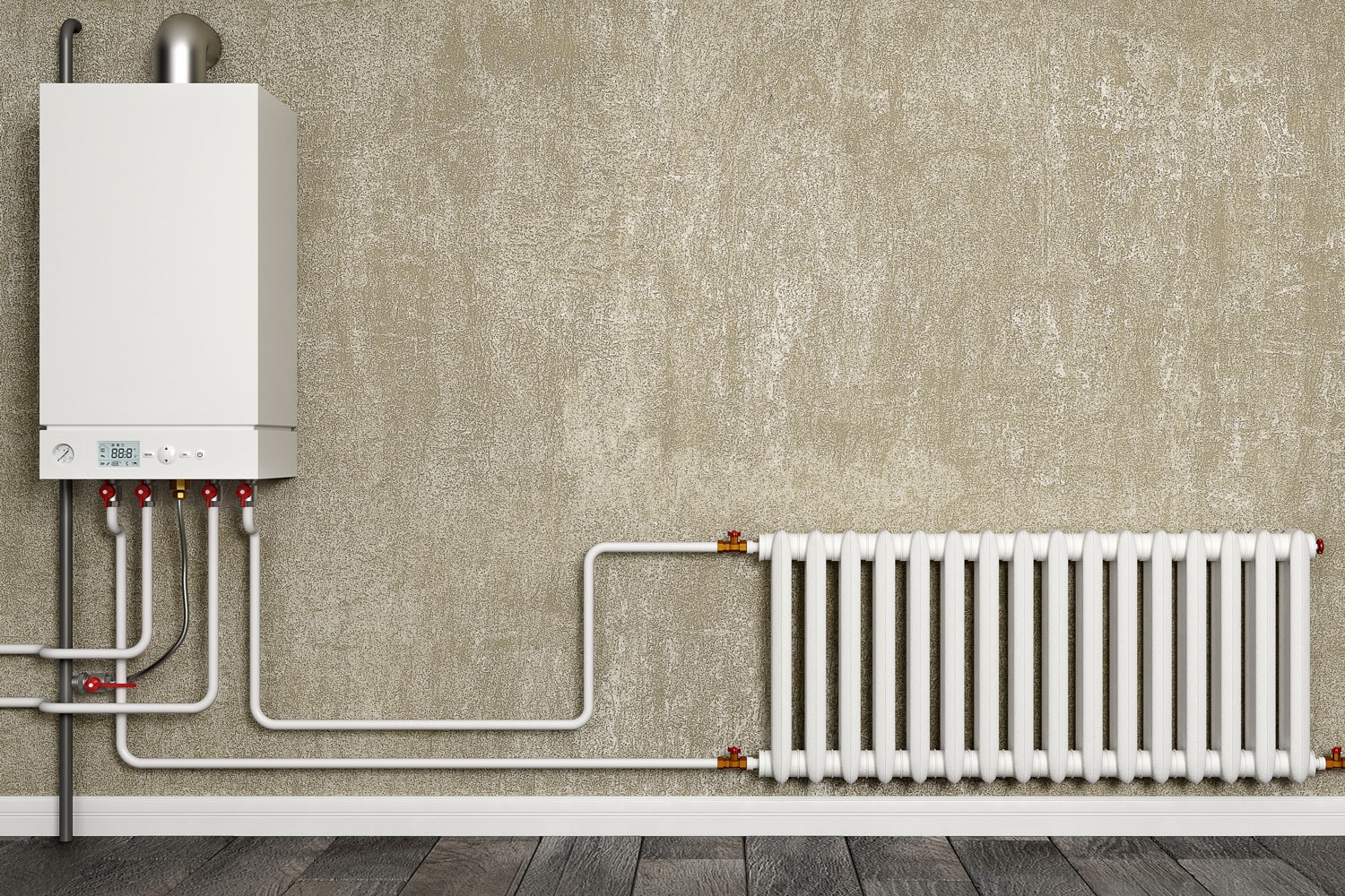 Boiler, water pipes and radiator in front of concrete wall