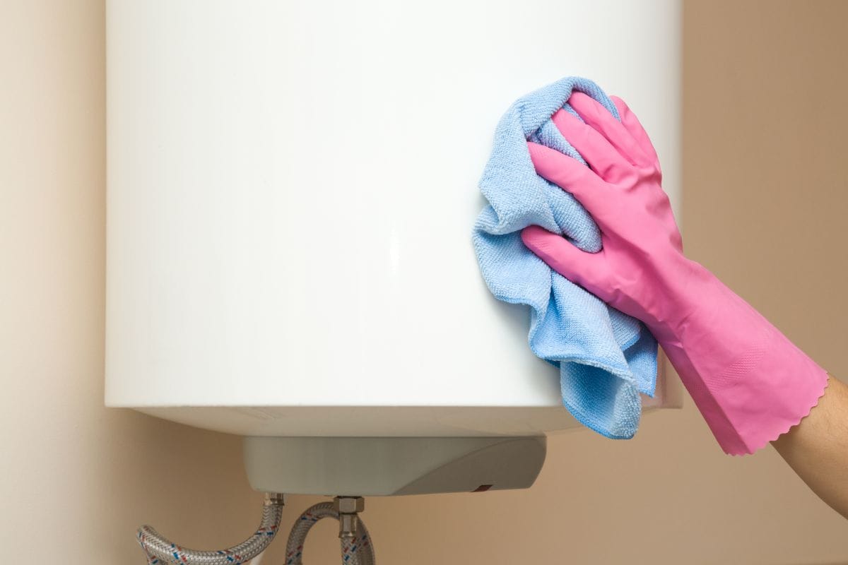 Hand in protective glove with rag cleaning water heater electric boiler. Regular clean up. Maid cleans house.