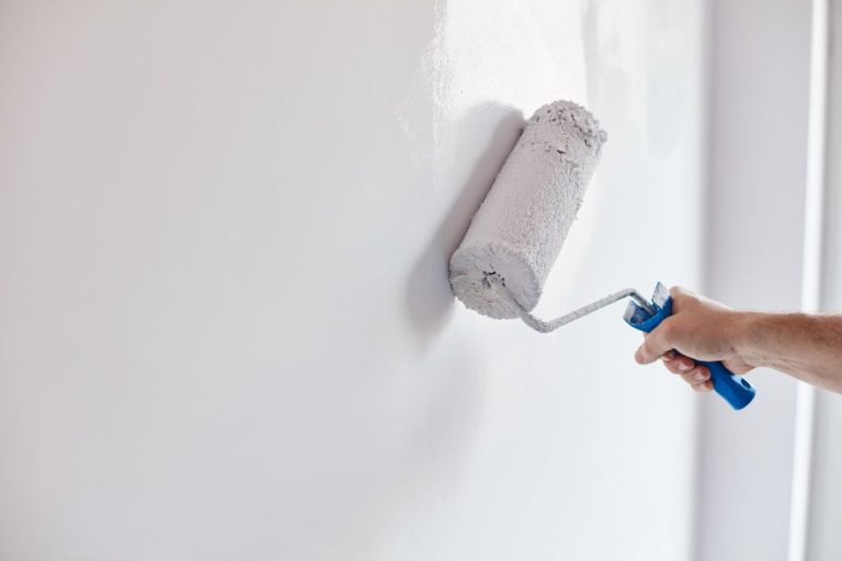 Male hand painting wall with paint roller. Painting apartment, renovating with white color paint. - Zinsser Watertite Vs Drylok: Pros, Cons, & Differences