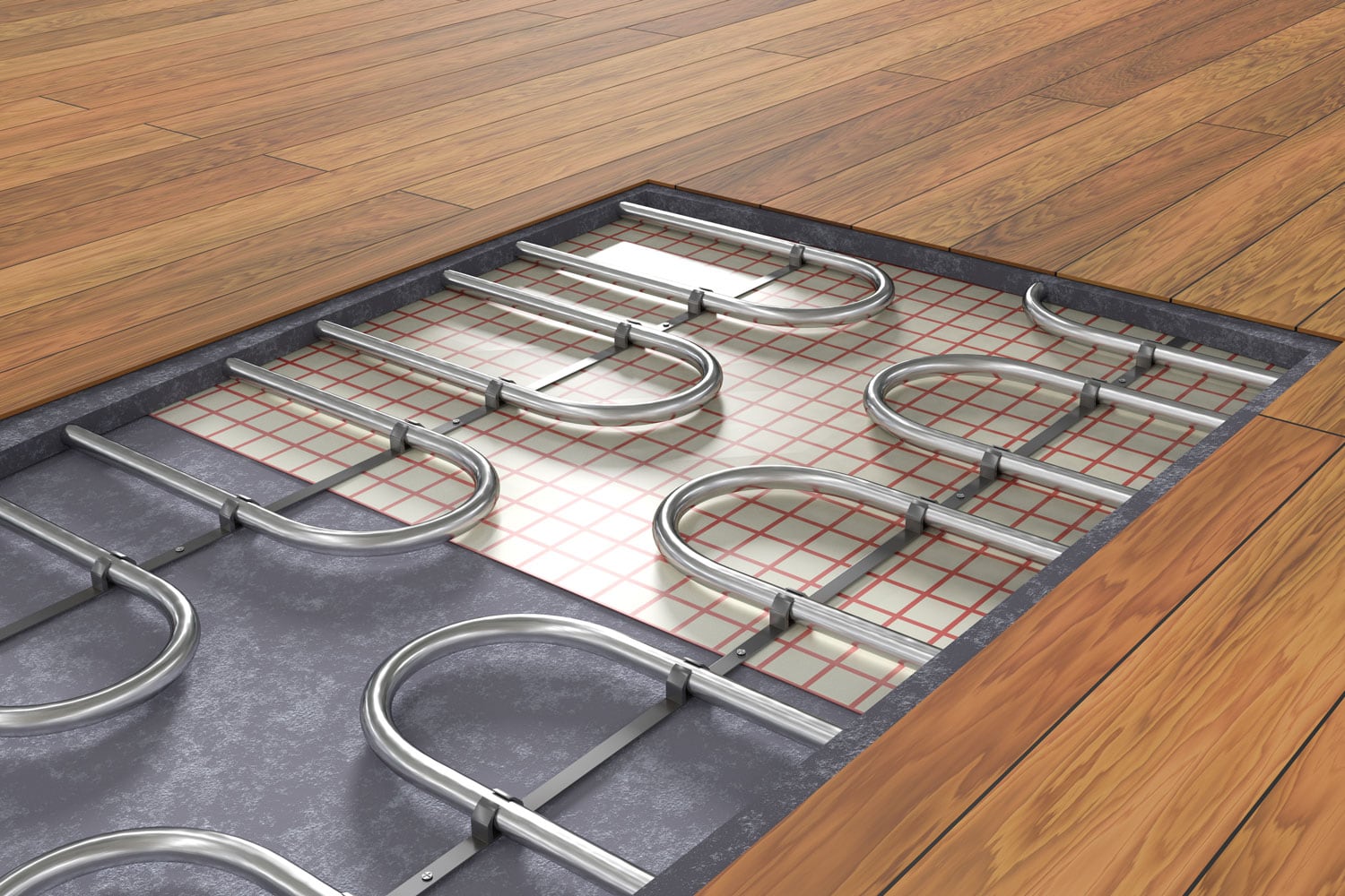 Underfloor heating system under wooden floor