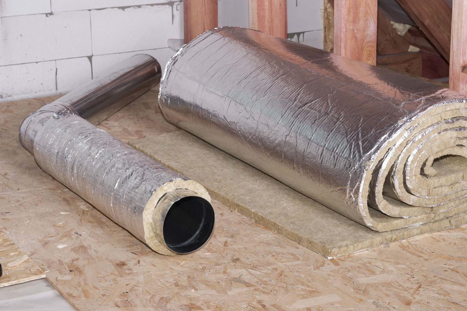 air duct and roll of mineral wool 