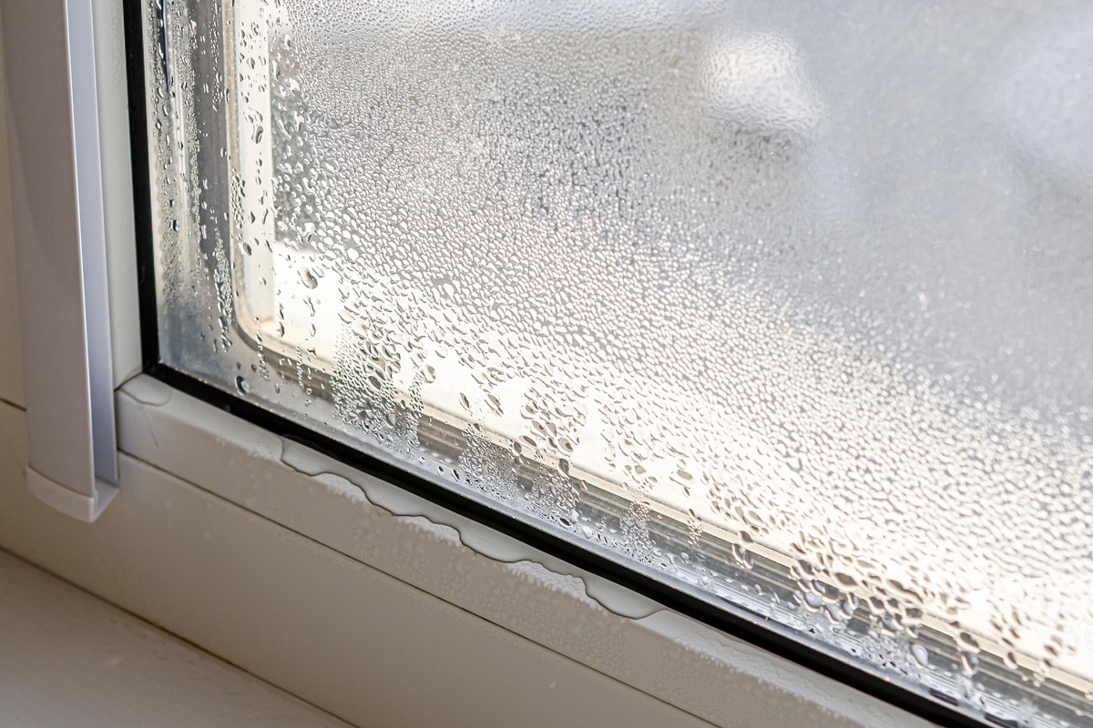 Drops of condensate and black mold on a substandard metal-plastic window.