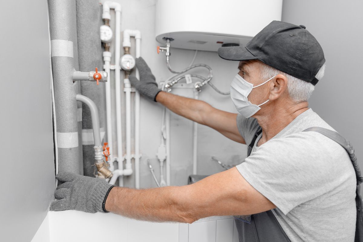 Male plumber in medical mask checks pipes for central hot and cold water supply of apartment.