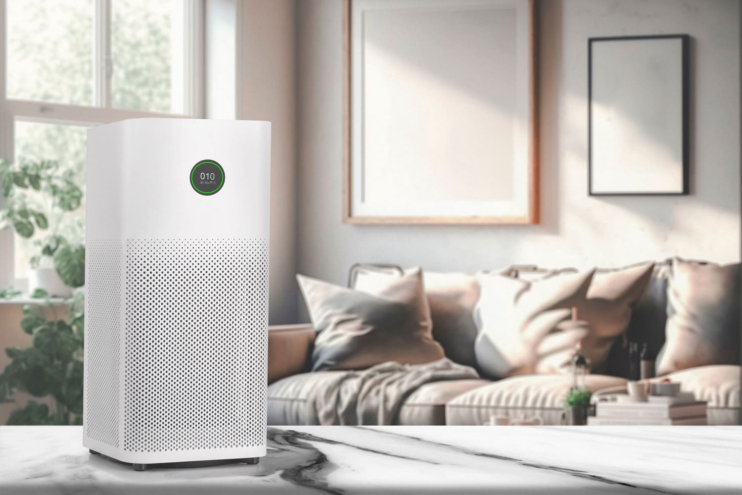 A white air purifier placed in the living room 